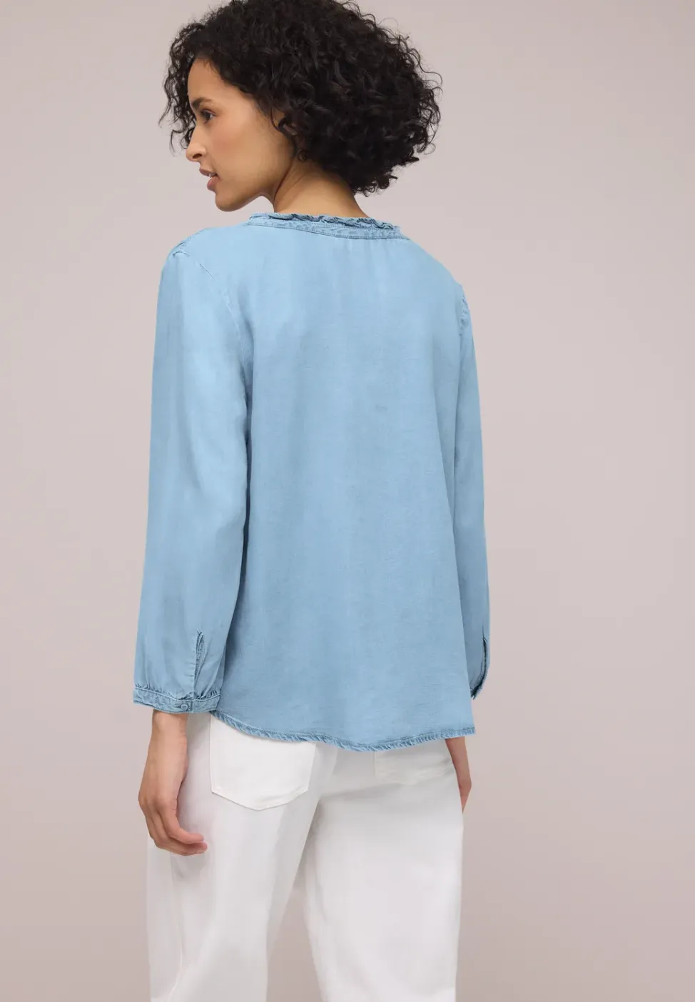 Blouse met 3/4 mouwen en gespleten hals in denimlook