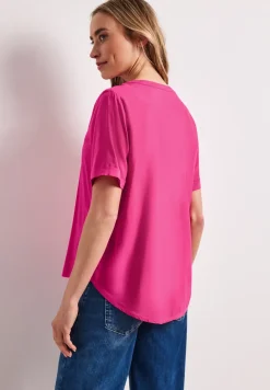 Blouse met korte mouwen en gespleten hals in effen kleur