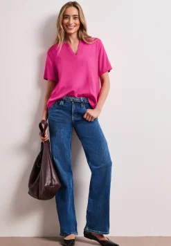 Blouse met korte mouwen en gespleten hals in effen kleur