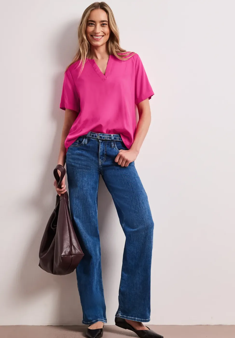 Blouse met korte mouwen en gespleten hals in effen kleur