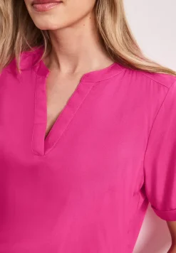 Blouse met korte mouwen en gespleten hals in effen kleur