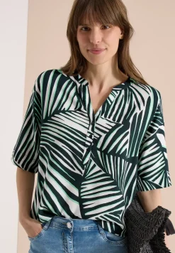 Blouse met korte mouwen, gespleten hals en print