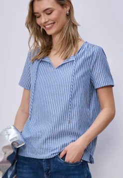 Blouse met korte mouwen, gespleten hals en strepen