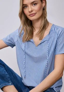 Blouse met korte mouwen, gespleten hals en strepen