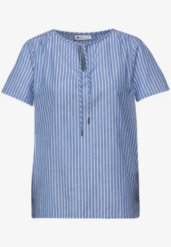 Blouse met korte mouwen, gespleten hals en strepen
