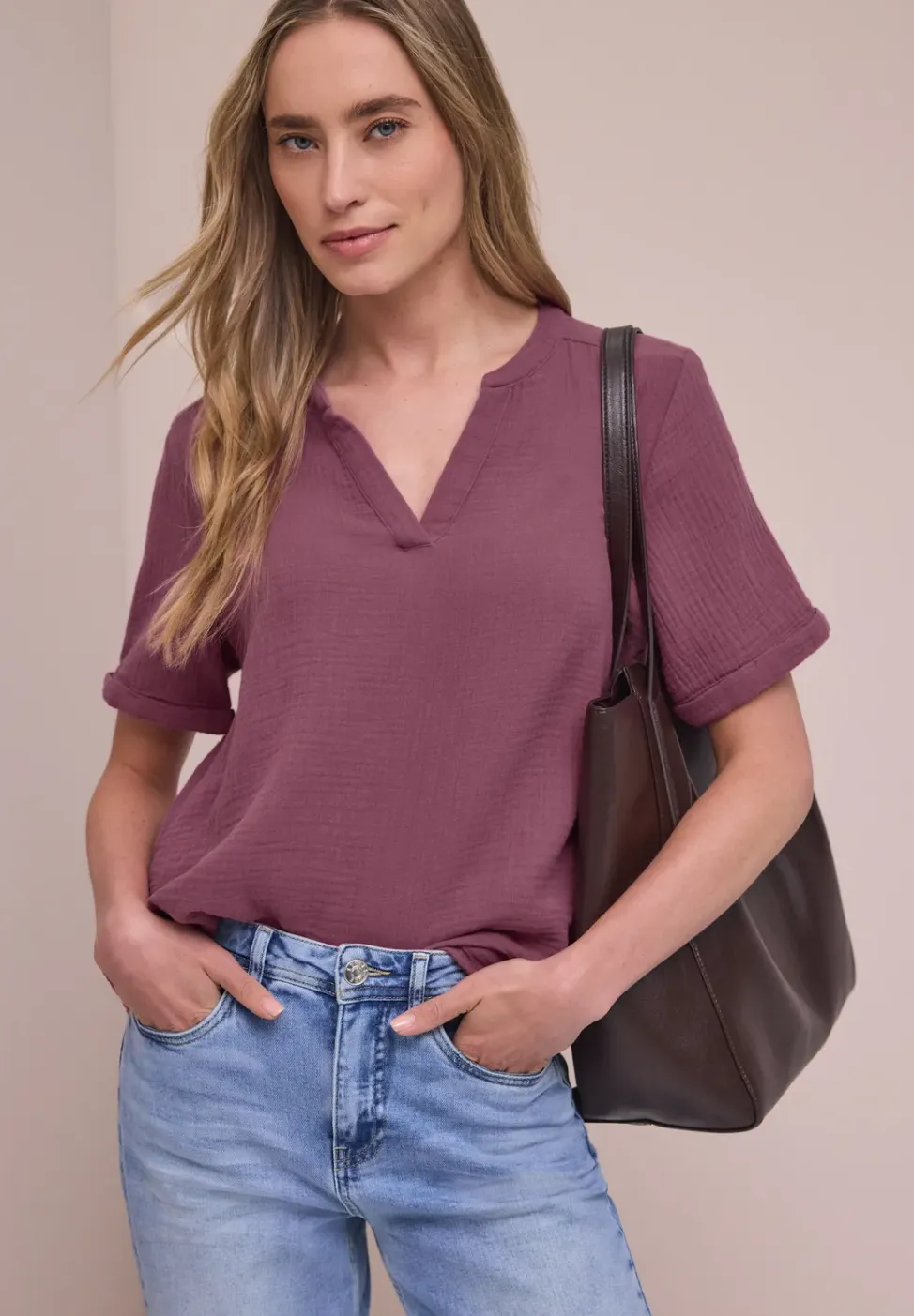 Blouse met korte mouwen in mousseline kwaliteit