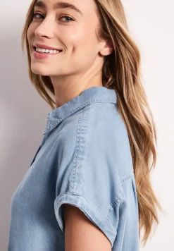 Blouse met overhangende schouders in denimlook