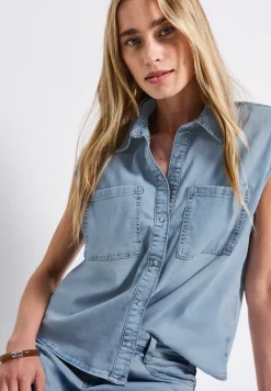 Blouse van denim met gebleekte look