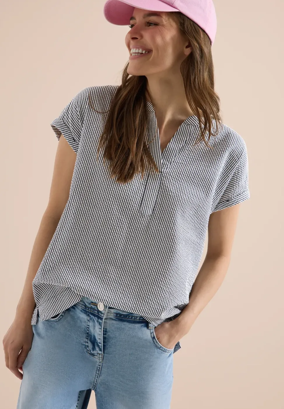 Blouse met gespleten hals in seersucker kwaliteit