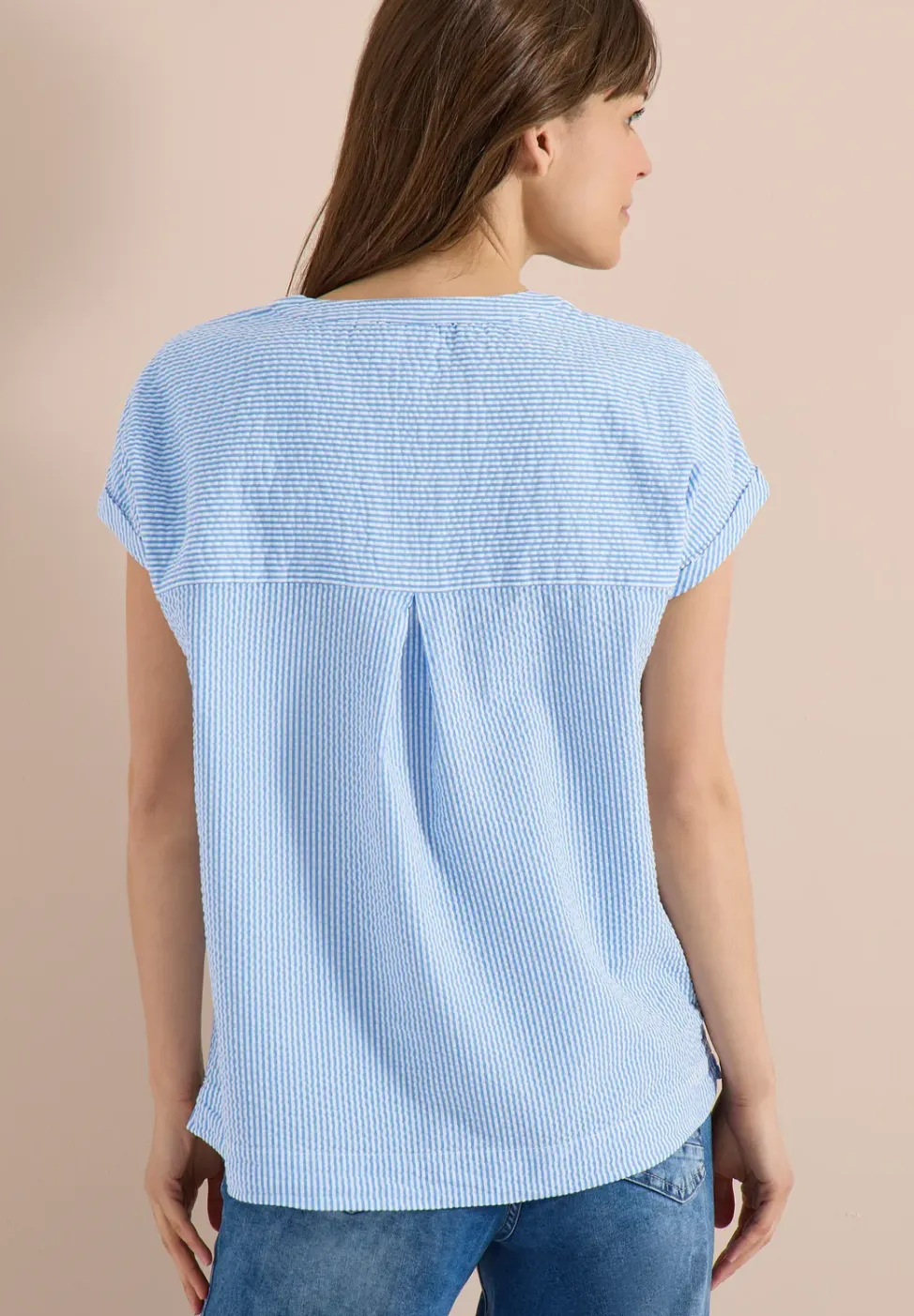 Blouse met gespleten hals in seersucker kwaliteit