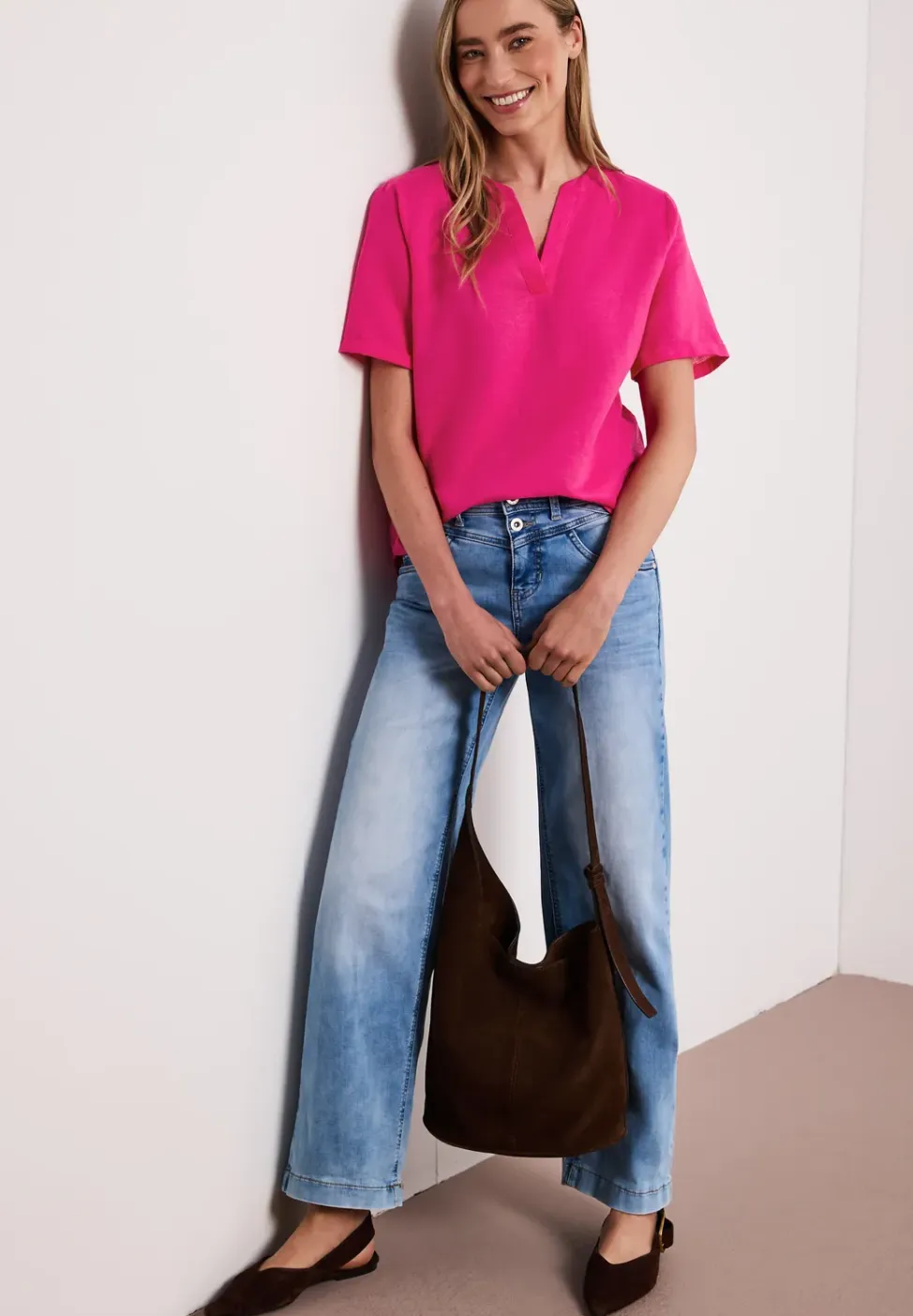 Blouse met gespleten hals van linnenmix