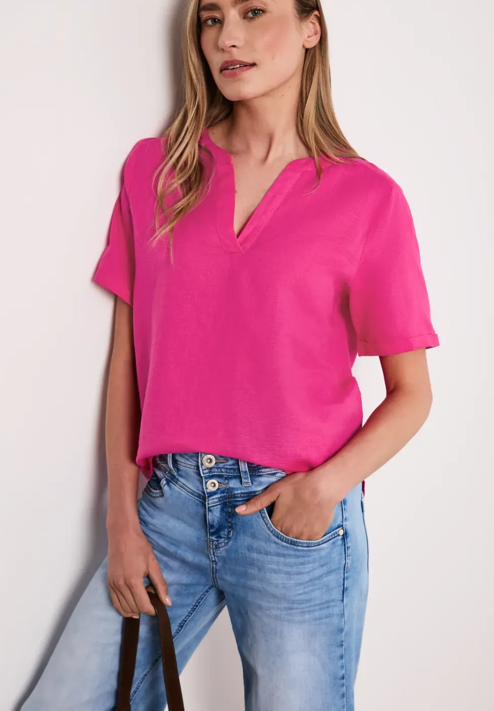 Blouse met gespleten hals van linnenmix
