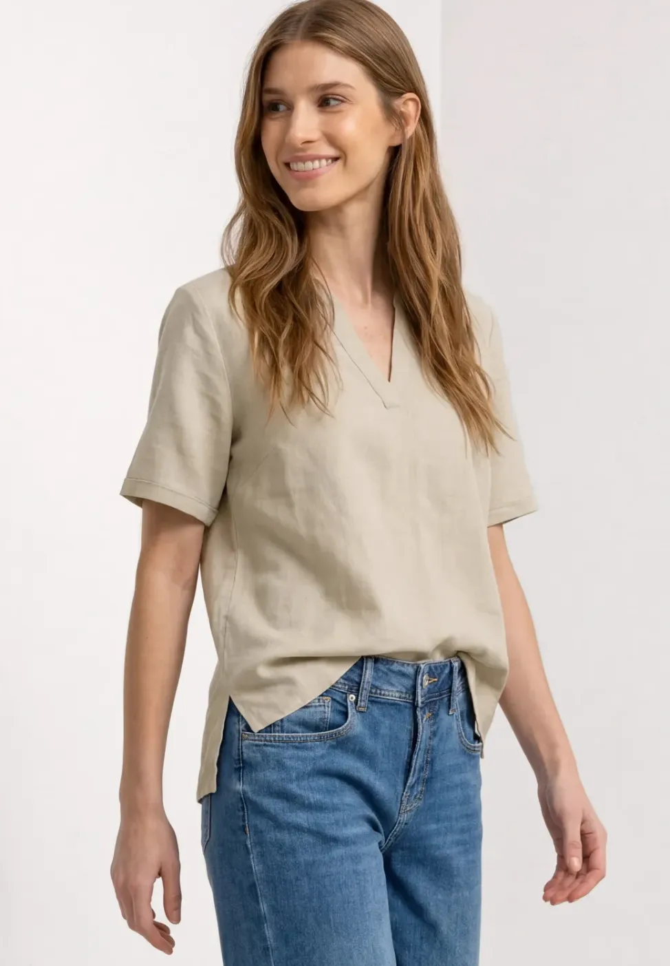 Blouse met gespleten hals van linnenmix