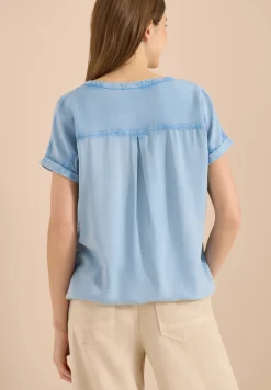 Blouse met korte mouwen en gespleten hals in denimlook