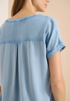 Blouse met korte mouwen en gespleten hals in denimlook