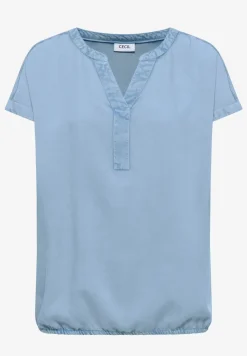 Blouse met korte mouwen en gespleten hals in denimlook