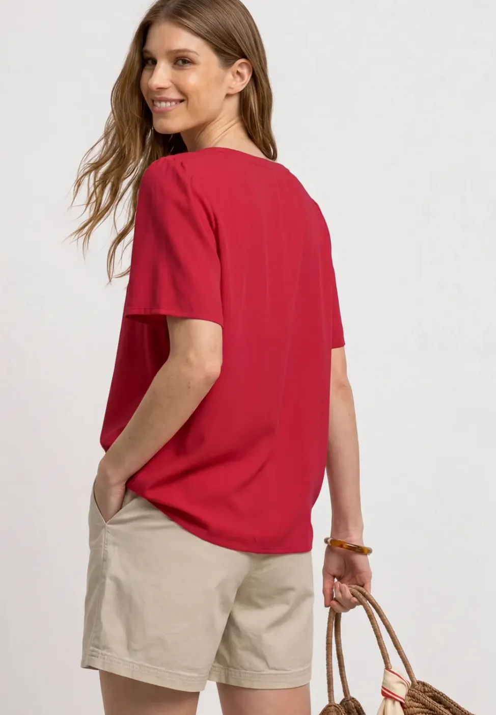 Blouse met korte mouwen, gespleten hals en knopen
