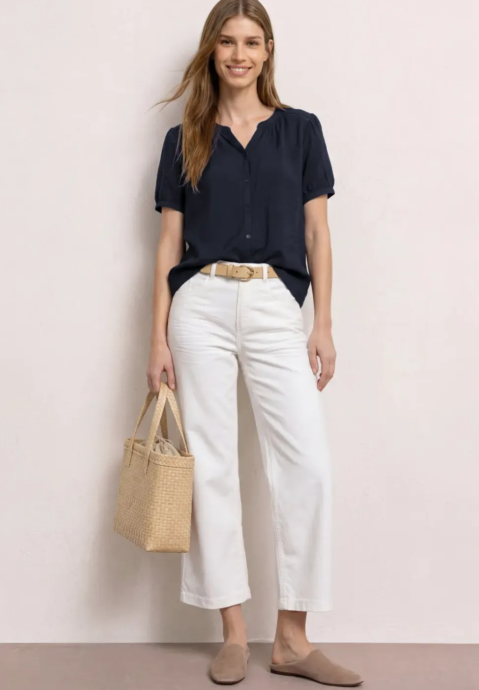 Blouse met korte mouwen, gespleten hals en knopen