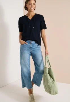 Blouse met korte mouwen, gespleten hals en linten