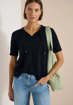Blouse met korte mouwen, gespleten hals en linten