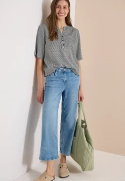 Blouse met korte mouwen, gespleten hals en strepen