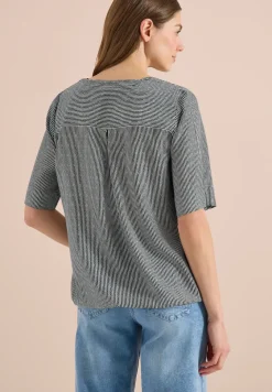 Blouse met korte mouwen, gespleten hals en strepen