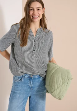 Blouse met korte mouwen, gespleten hals en strepen