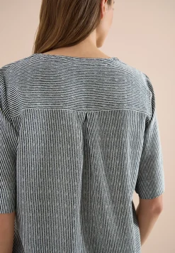 Blouse met korte mouwen, gespleten hals en strepen