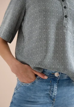 Blouse met korte mouwen, gespleten hals en strepen