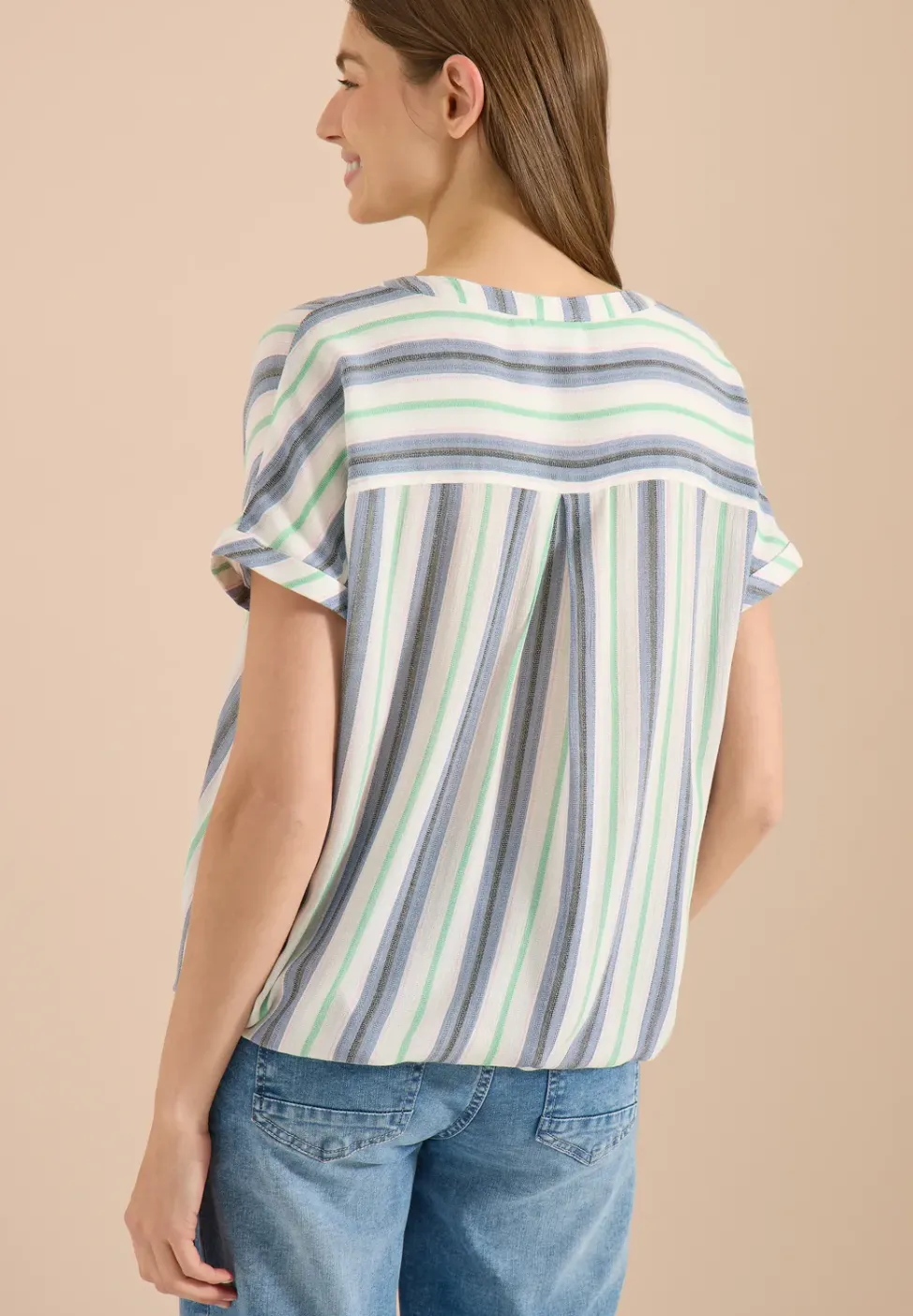 Blouse met korte mouwen, gespleten hals en strepen