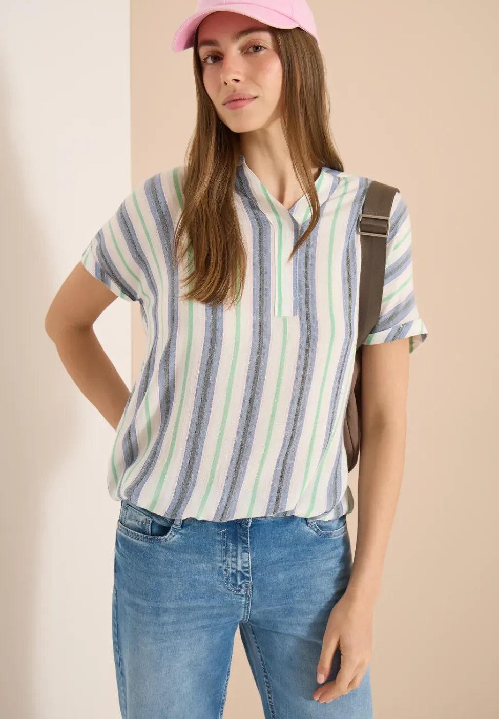 Blouse met korte mouwen, gespleten hals en strepen