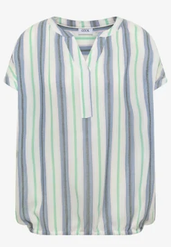 Blouse met korte mouwen, gespleten hals en strepen