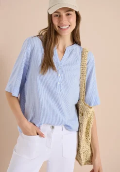 Blouse met korte mouwen, gespleten hals en strepen