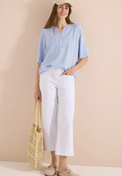 Blouse met korte mouwen, gespleten hals en strepen