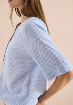 Blouse met korte mouwen, gespleten hals en strepen