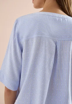 Blouse met korte mouwen, gespleten hals en strepen
