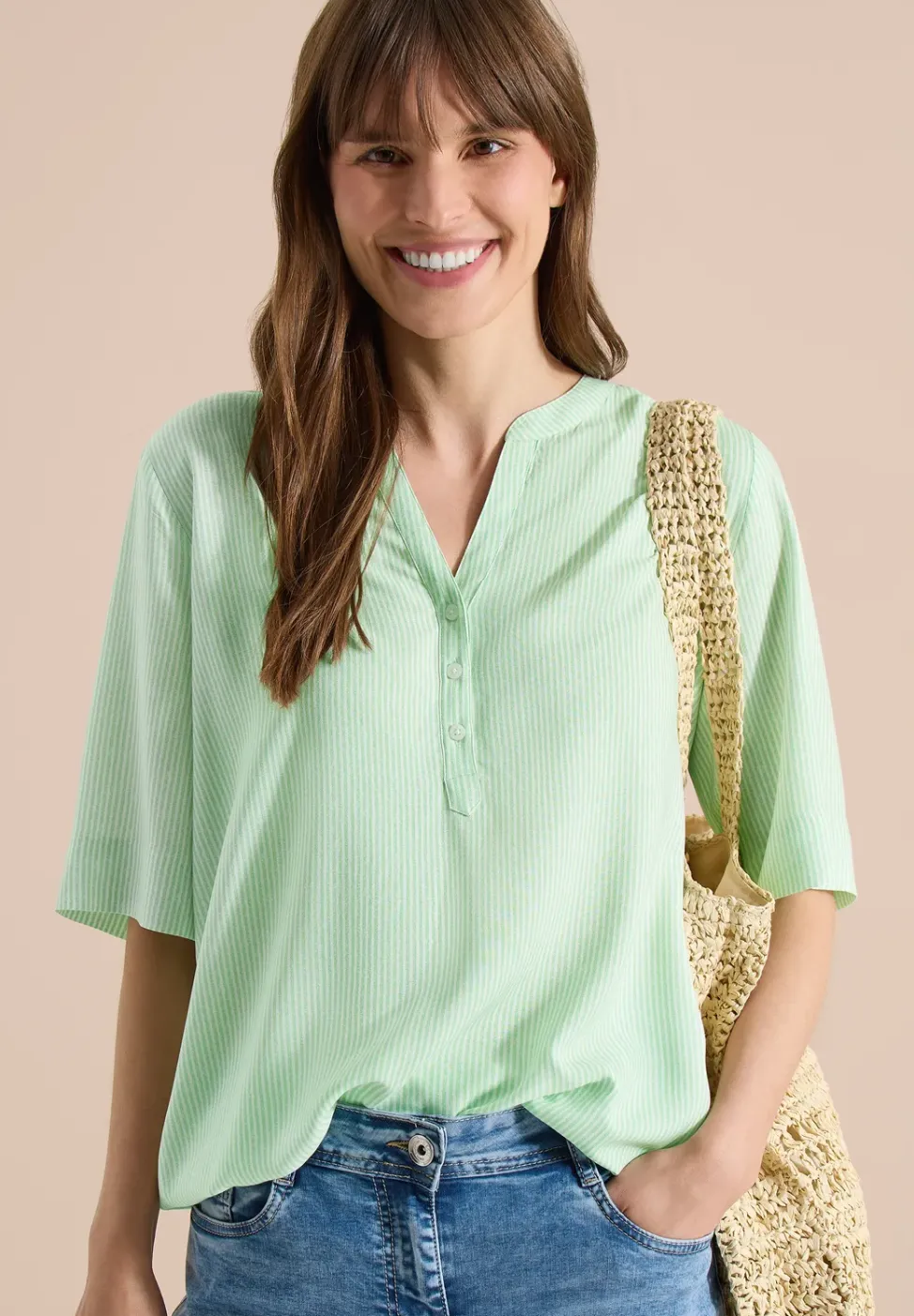 Blouse met korte mouwen, gespleten hals en strepen