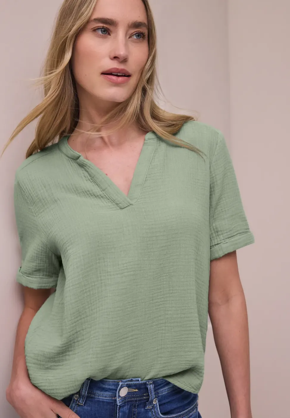 Blouse met korte mouwen in mousseline kwaliteit