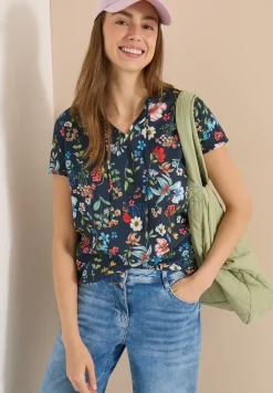 Blouse met korte mouwen, structuurmix en print
