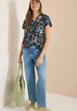 Blouse met korte mouwen, structuurmix en print