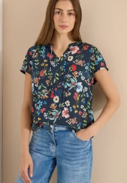 Blouse met korte mouwen, structuurmix en print