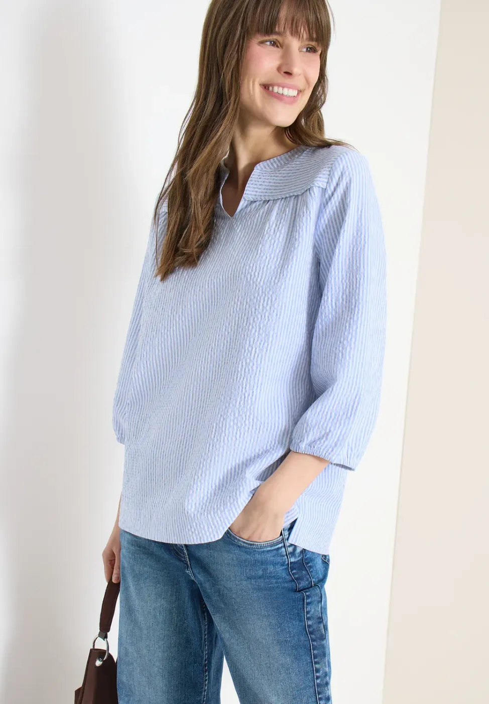 blouse met 3/4 mouwen in seersucker kwaliteit