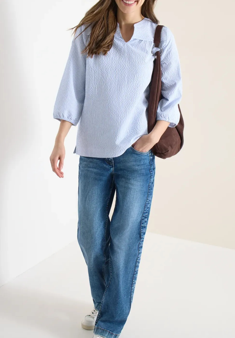 blouse met 3/4 mouwen in seersucker kwaliteit