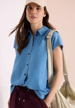Blouse met overhangende schouders in denimlook