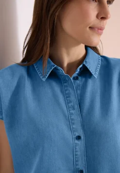 Blouse met overhangende schouders in denimlook
