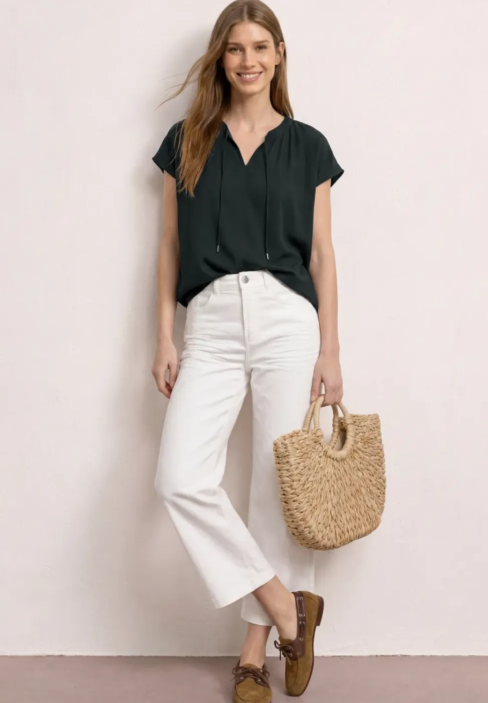 Blouseshirt met gespleten hals en smokdetail