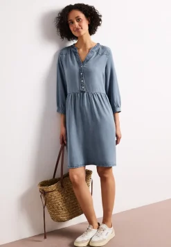 Knielange jurk met ruches in denimlook