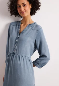 Knielange jurk met ruches in denimlook