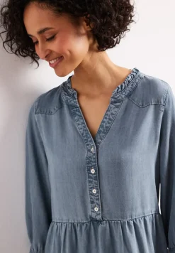 Knielange jurk met ruches in denimlook
