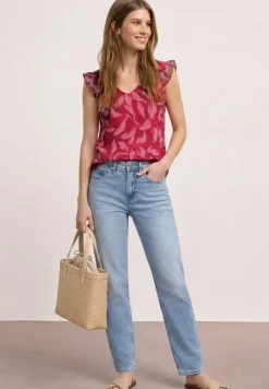 Mesh top met V-hals en print